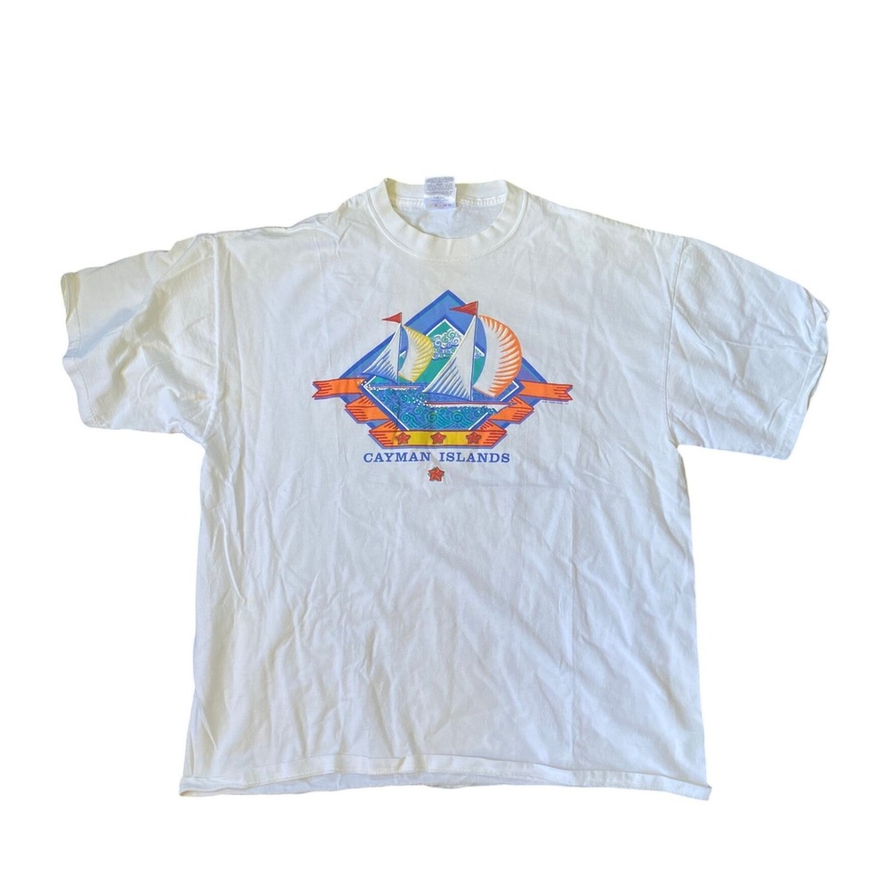 Vintage 1990s Cayman Islands Sailboat T-Shirt White Large Single Stitch Surfcore